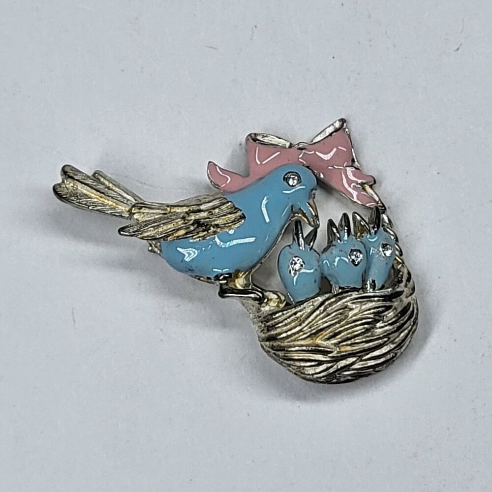 Birdnest Pin Vintage Pink Blue Birds Nest Signed Vero
